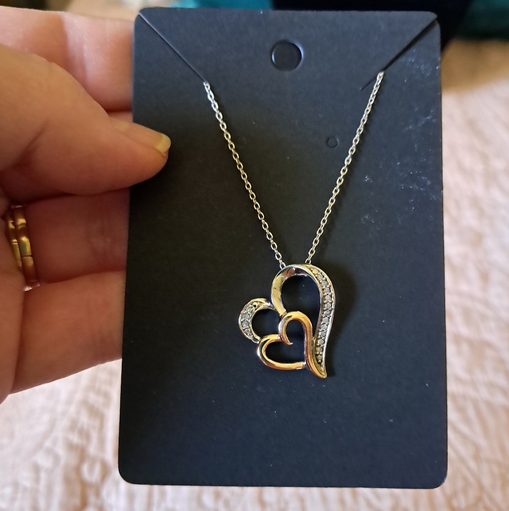 14kt Rose Gold Sterling Silver Diamond Double Heart Pendant Italian Necklace